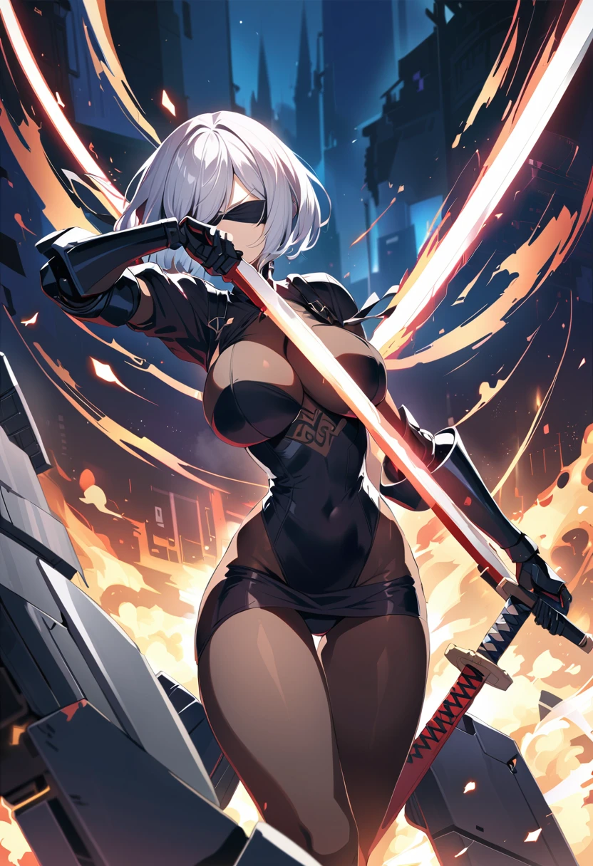 2B Nier Automata,masterpiece, 最high quality, High resolution,  Black clothes 、Black Pantyhose、Dark church at night、Wear a miniskirt、Thin legs、Big Breasts、Slim figure、high quality　CG Tone、Gray Hair、Black blindfold、Short Bob、Surrounded by mechanical soldiers、Cutting a mechanical soldier with a sword、stylish、Japanese sword、Clothes get torn、Damage、Being attacked