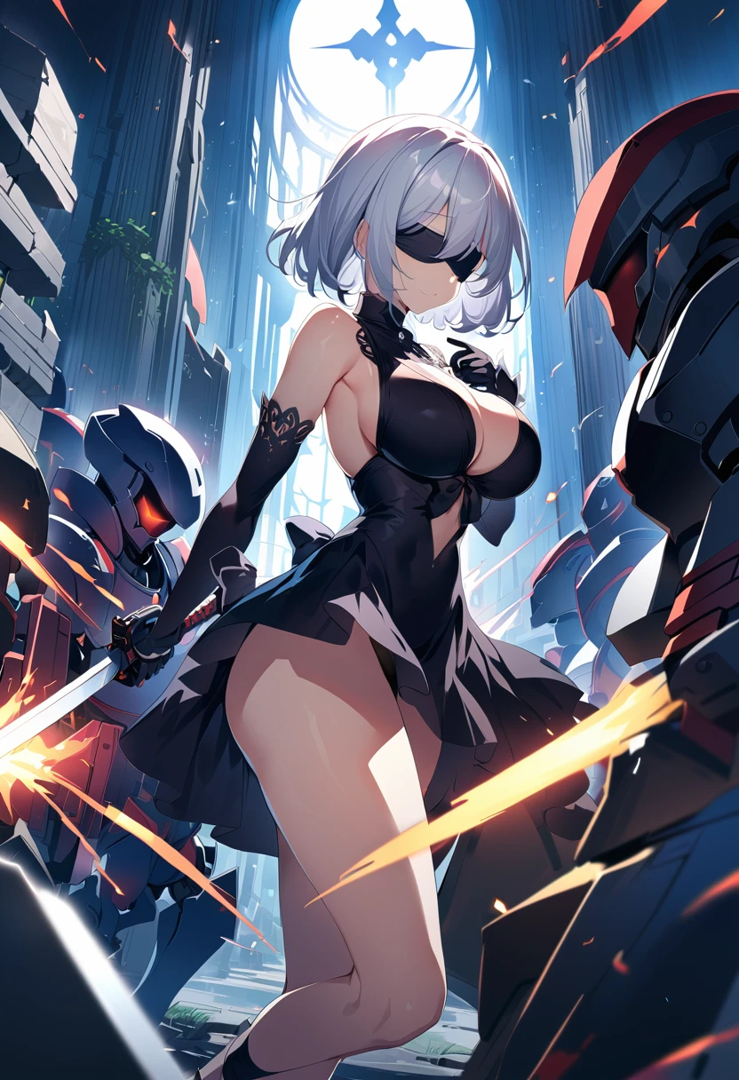 2B Nier Automata,masterpiece, 最high quality, High resolution,  Black clothes 、Black Pantyhose、Dark church at night、Wear a miniskirt、Thin legs、Big Breasts、Slim figure、high quality　CG Tone、Gray Hair、Black blindfold、Short Bob、Surrounded by mechanical soldiers、Cutting a mechanical soldier with a sword、stylish、Japanese sword、Clothes get torn、Damage、Being attacked