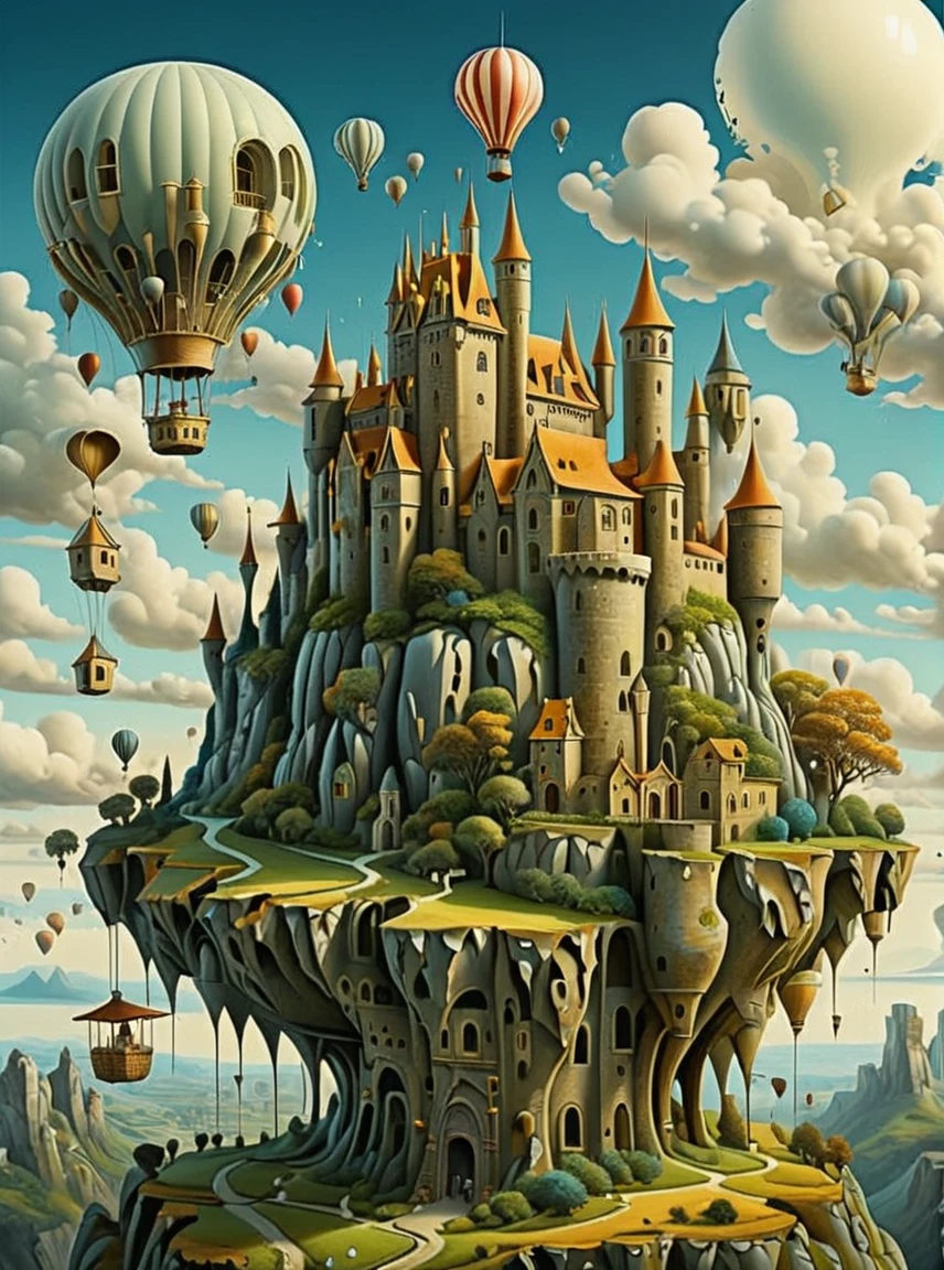 Fantastic surrealist landscape with a castle on a cliff and a hot air balloon floating in the sky、Castle Land 、Detailed、