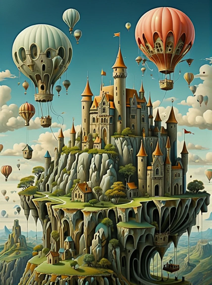 Fantastic surrealist landscape with a castle on a cliff and a hot air balloon floating in the sky、Castle Land 、Detailed、