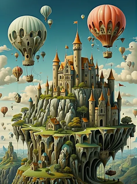 fantastic surrealist landscape with a castle on a cliff and a hot air balloon floating in the sky、castle land 、detailed、