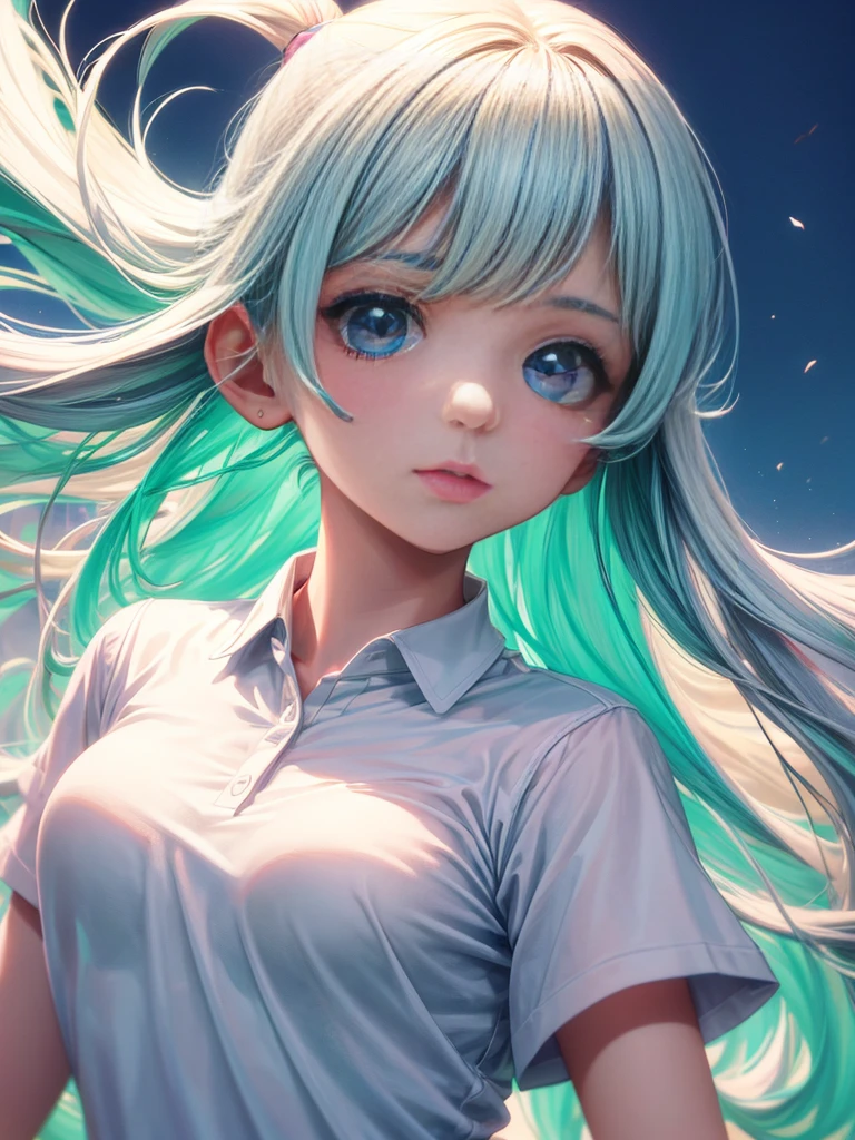 pretty girl, Wearing a bright white polo shirt, In the style of a soft aurora punk color palette, Anime illustration of her face, Animated GIFs, Hand-drawn animation, Attractive sketch, Soft and bright, A vague romanticism, Super Plain Style,