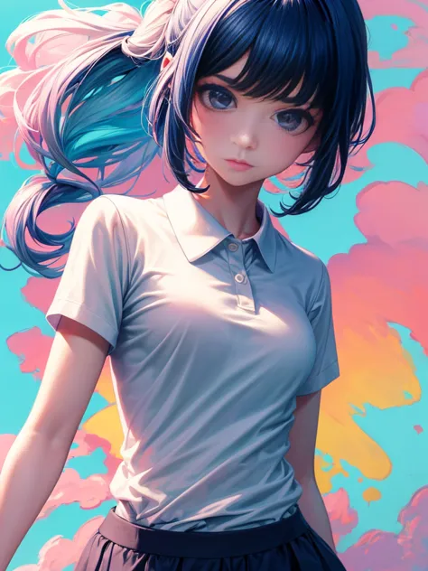 pretty girl, wearing a bright white polo shirt, in the style of a soft aurora punk color palette, anime illustration of her face...