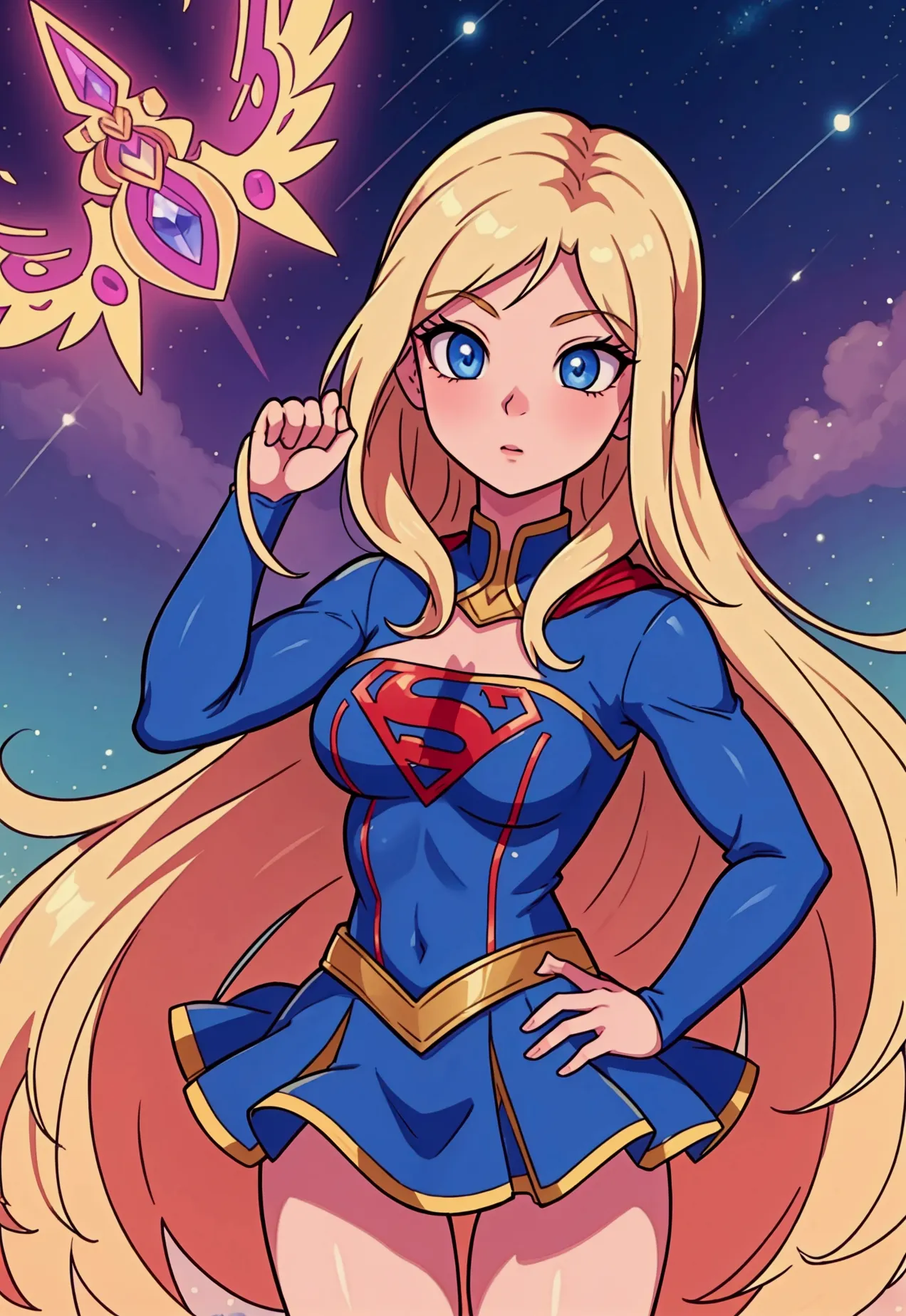 supergirl, beautiful, medium flowing hair, blonde hair, blue eyes, fair skin, vibrant detailed eyes, heroine outfit, detailed ou...