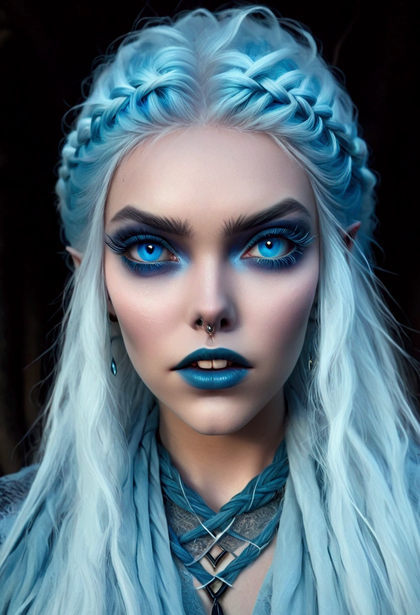 Evil sorceress, piercing blue eyes, white hair, braided hair, casting a spell