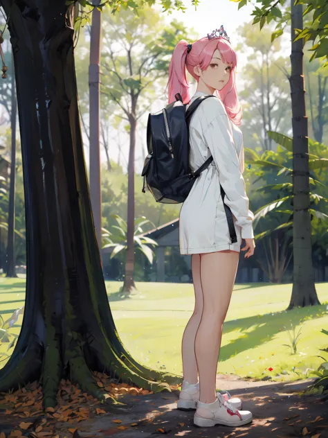 1girl, full body, from side, untucked long sleeve t-shirt dress, wearing backpack, bob hair, bangs, inside forest, sunlight, wit...