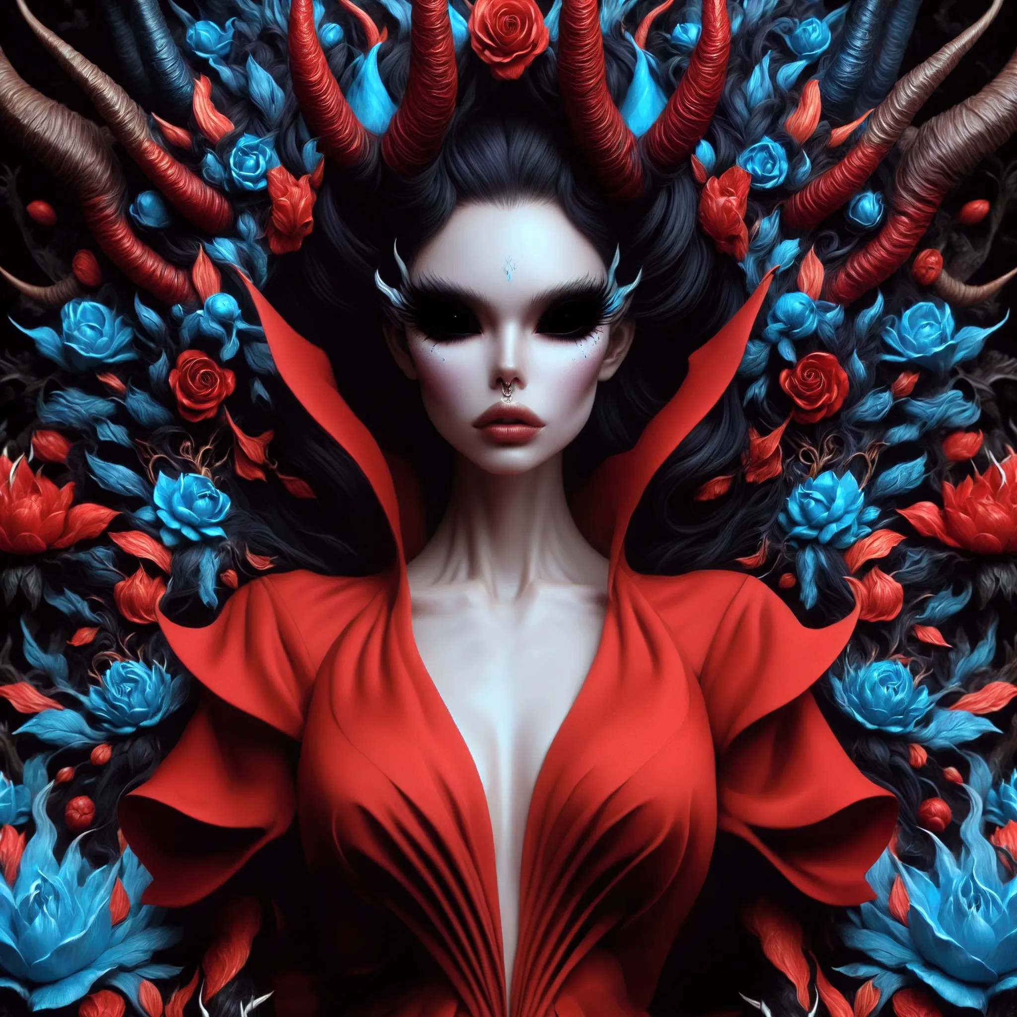 a close up of a woman in a red dress with a large flowered headpiece, beautiful elegant demon queen, inspired by Hedi Xandt, col...
