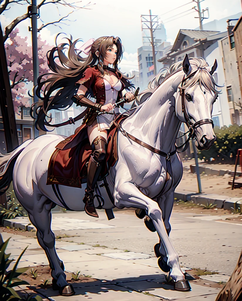 ((best quality)), ((anime masterpiece)), (high detailed), 8k, cinematic lighting, realistic, HDR, vivid color, a female knight riding a WHITE HORSE, {brunette}, medium breast, cleavage, (red armor, white gauntlet, pink miniskirt, brown boots), river, anatomically correct
