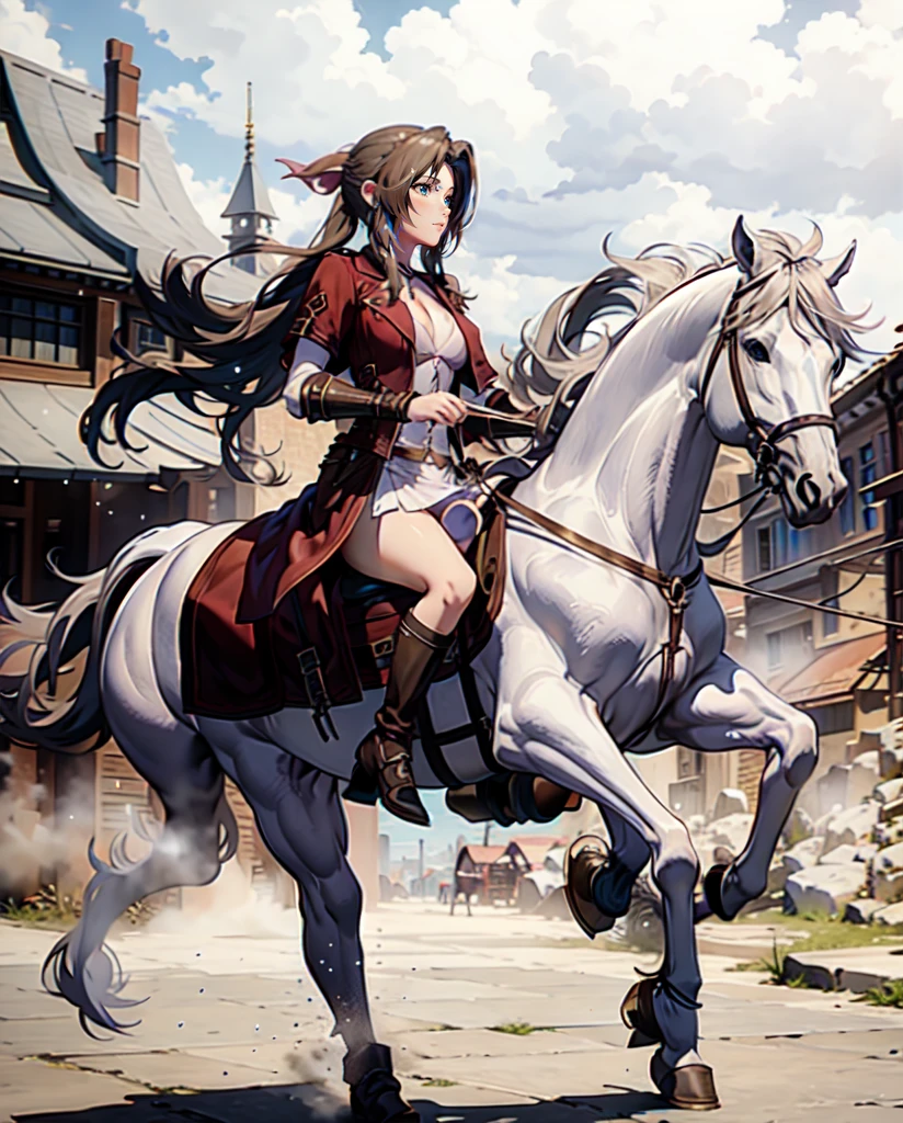 ((best quality)), ((anime masterpiece)), (high detailed), 8k, cinematic lighting, realistic, HDR, vivid color, a female knight riding a WHITE HORSE, {brunette}, medium breast, cleavage, (red armor, white gauntlet, pink miniskirt, brown boots), river, anatomically correct
