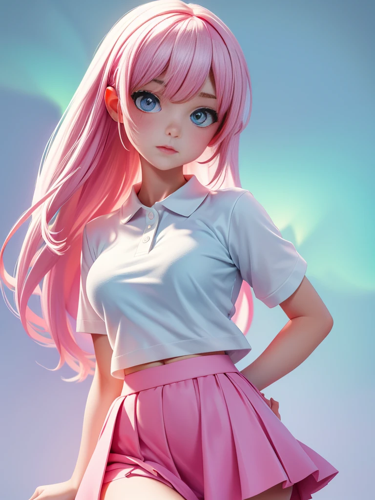 pretty girl, Wearing a bright white polo shirt, In the style of a soft aurora punk color palette, Anime illustration of her face, Animated GIFs, Hand-drawn animation, Attractive sketch, Soft and bright, A vague romanticism, Super Plain Style,skirt，bra