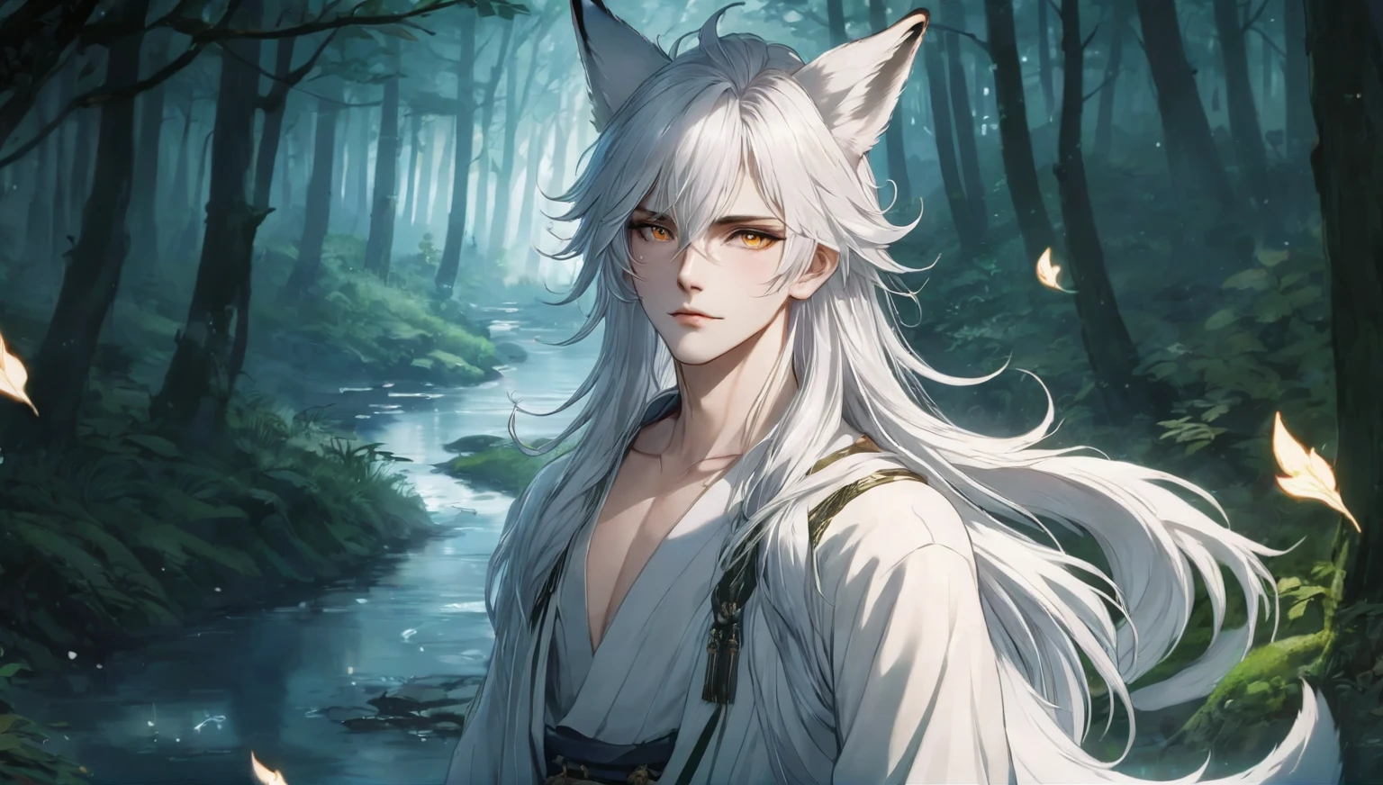 (masterpiece, 8k, Absurd, Digital Art, Digital Illustration, Realistic, Very detailed, Realistic lighting), (Perfect Face, Perfect Eyes, Perfect body), male,1 person, Adult,male的な,anime boy, of long white hair and horns in a forest, 白毛のFox, White Fox Anime, Ye Chong Silver Fox, Jan J, 吸血鬼の白いFox, Fox, White-haired God, by Shimo, Inspired by Bian Shoumin, of long white hair, Beautiful fantasy anime, Anime Art Wallpapers 8K