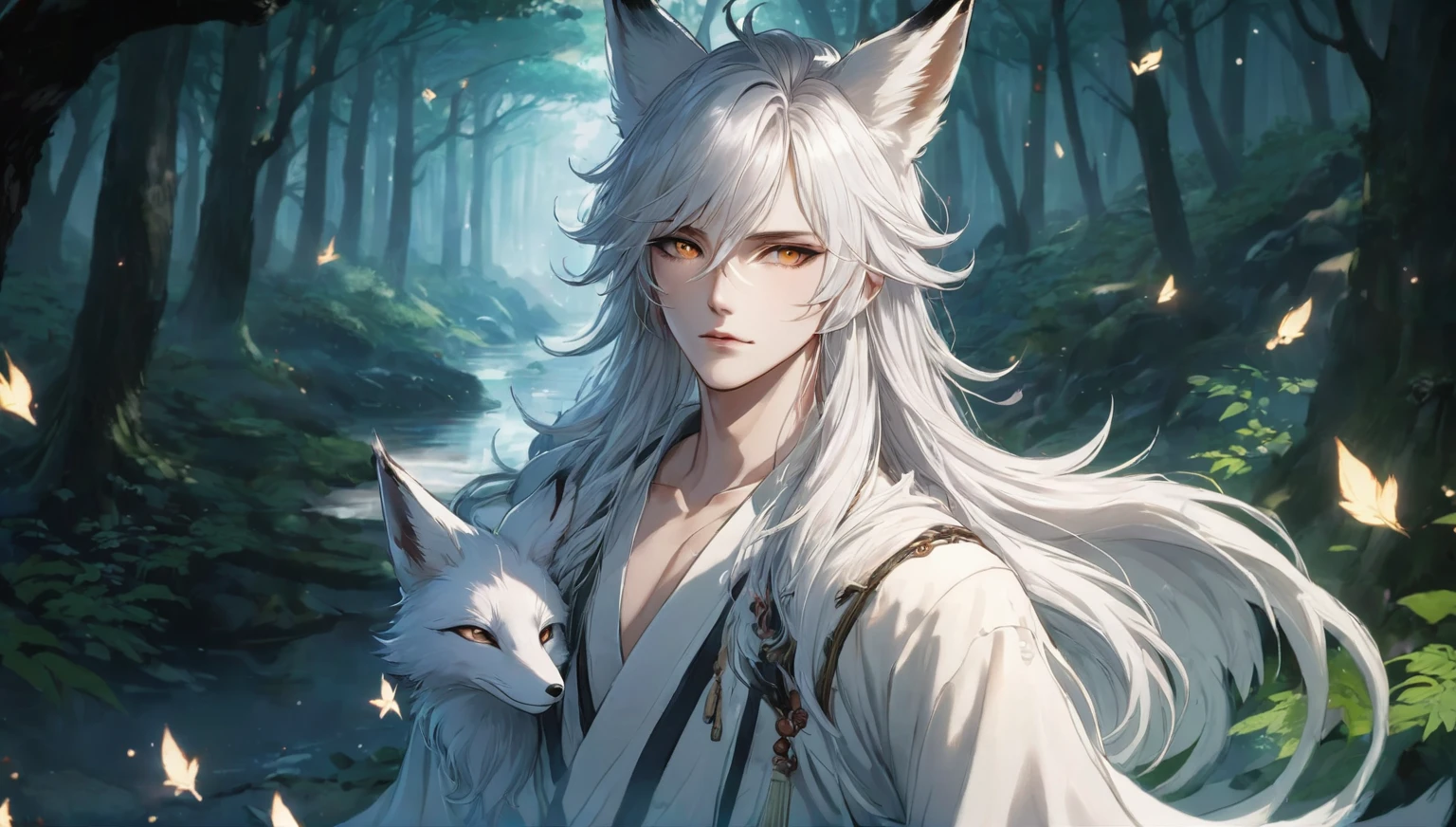 (masterpiece, 8k, Absurd, Digital Art, Digital Illustration, Realistic, Very detailed, Realistic lighting), (Perfect Face, Perfect Eyes, Perfect body), male,1 person, Adult,male的な,anime boy, of long white hair and horns in a forest, 白毛のFox, White Fox Anime, Ye Chong Silver Fox, Jan J, 吸血鬼の白いFox, Fox, White-haired God, by Shimo, Inspired by Bian Shoumin, of long white hair, Beautiful fantasy anime, Anime Art Wallpapers 8K