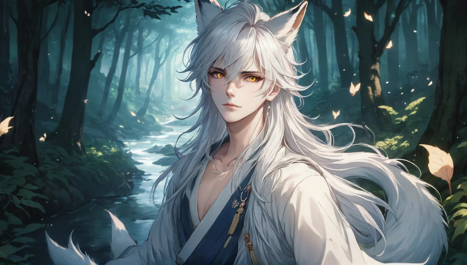 (masterpiece, 8k, Absurd, Digital Art, Digital Illustration, Realistic, Very detailed, Realistic lighting), (Perfect Face, Perfect Eyes, Perfect body), male,1 person, Adult,male的な,anime boy, of long white hair and horns in a forest, 白毛のFox, White Fox Anime, Ye Chong Silver Fox, Jan J, 吸血鬼の白いFox, Fox, White-haired God, by Shimo, Inspired by Bian Shoumin, of long white hair, Beautiful fantasy anime, Anime Art Wallpapers 8K