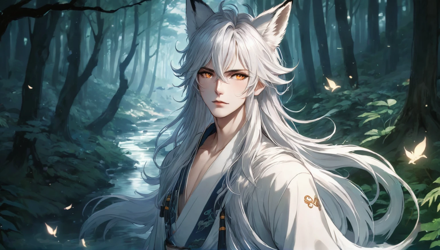 (masterpiece, 8k, Absurd, Digital Art, Digital Illustration, Realistic, Very detailed, Realistic lighting), (Perfect Face, Perfect Eyes, Perfect body), male,1 person, Adult,male的な,anime boy, of long white hair and horns in a forest, 白毛のFox, White Fox Anime, Ye Chong Silver Fox, Jan J, 吸血鬼の白いFox, Fox, White-haired God, by Shimo, Inspired by Bian Shoumin, of long white hair, Beautiful fantasy anime, Anime Art Wallpapers 8K