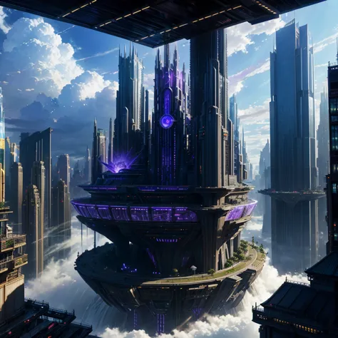 A huge fantastical sci-fi city, aether city, floating aerial metropolis，Glass skyscrapers、Anime Art，cyber punk，ＳＦ，Daytime，Huge c...