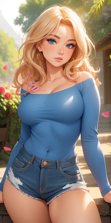 (Best Quality, ultra detailed, photorealistic: 1.39), bright and vibrant colors, studio lighting, romantic expression, ((background of petals and pink roses)) Cairo is a beautiful girl with medium and round breasts, Cairo is cute with hair short and wavy blonde, bow, twinkle in his eye, Cairo She is very charming with mischievous blue eyes and a shy smile, but she suffers a lot of judgment and intimidation from other girls and many people.. she is lovely sometimes. Cairo is 19 years old and looks like an adult woman in love. Cairo has beautiful romantic lips, Cairo is secretly in love with you but is afraid to approach and talk to you. Cairo: *I wonder if he will judge me*. I will talk with him? beautiful woman, Beautiful shirt, neckline, sensual long sleeve, beautiful bright blouse, cute hair details and stylish shorts, Trees in the distance, beautiful and sensual pose, Cairo is in love, leaning posture while standing, pose and delicate