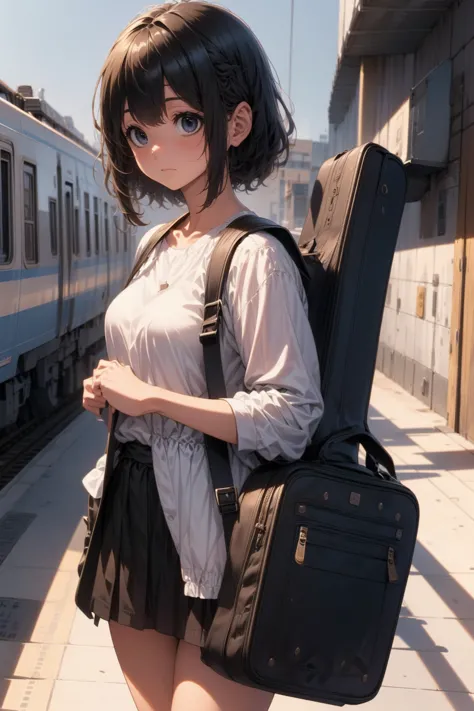 1girl,solo,cool,train platform,morning,sunshine,she has a guitar case,carrying a guitar case on behind,casual clothes,emotional,...