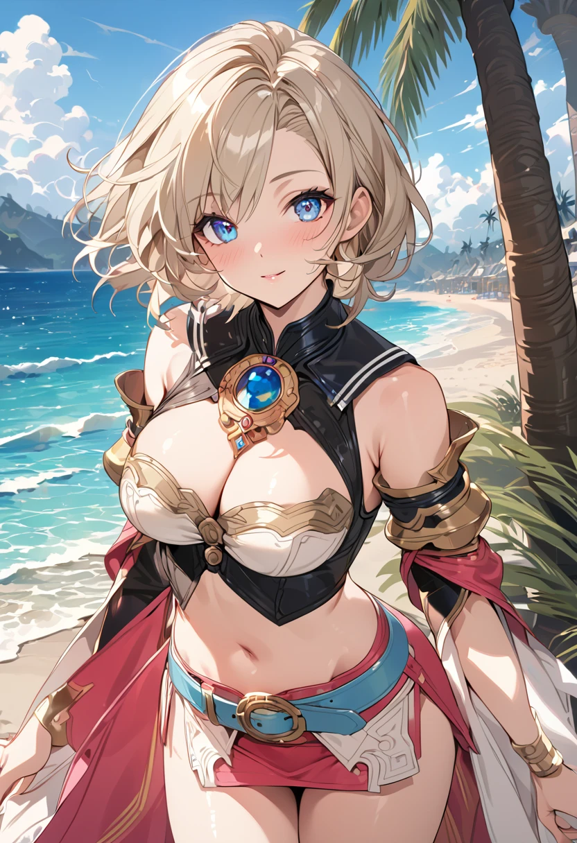 masterpiece, best quality, 8k, 4k, 1girl, ashelia final fantasy xii, Ashelia, short hair, pale blonde hair, blue eyes, white detached sailor like collar, round brooch, gold brooch with pink and blue jewel, white shirt, longer side shirt, cleavage, midriff, detached sleeves, bracer, black corset, corset under shirt, reddish pink skirt, microskirt, super tight skirt, blue belt, black high thigh with gold pattern , gold boots, slim body, looking at viewer, standing nicely, wind blowing, finely detailed eyes and detailed face, face detailed, hair detailed, clothes detailed, ((high quality)), extreme detail, beach sand, palm tree, calm water, high hills overlooking the sea, hollowed hills,  inspired by Asukaziye artist : ask, art style : ask