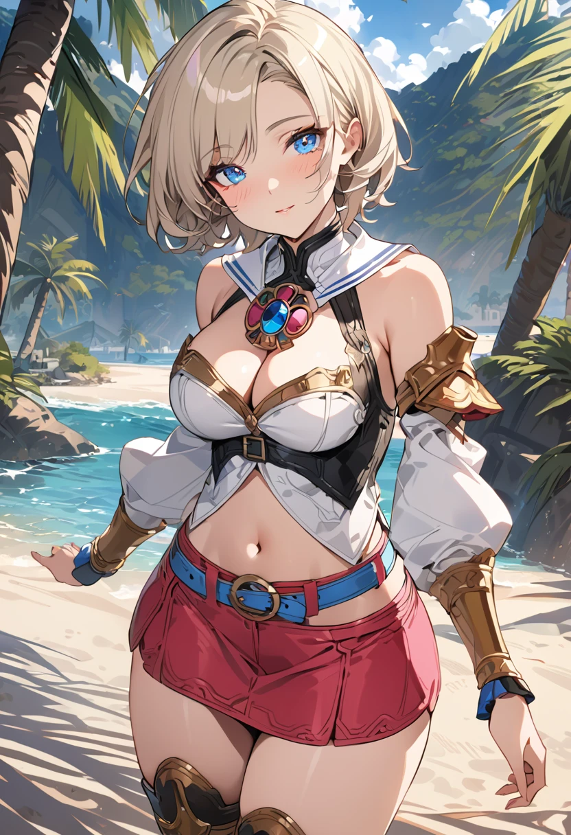 masterpiece, best quality, 8k, 4k, 1girl, ashelia final fantasy xii, Ashelia, short hair, pale blonde hair, blue eyes, white detached sailor like collar, round brooch, gold brooch with pink and blue jewel, white shirt, longer side shirt, cleavage, midriff, detached sleeves, bracer, black corset, corset under shirt, reddish pink skirt, microskirt, super tight skirt, blue belt, black high thigh with gold pattern , gold boots, slim body, looking at viewer, standing nicely, wind blowing, finely detailed eyes and detailed face, face detailed, hair detailed, clothes detailed, ((high quality)), extreme detail, beach sand, palm tree, calm water, high hills overlooking the sea, hollowed hills,  inspired by Asukaziye artist : ask, art style : ask