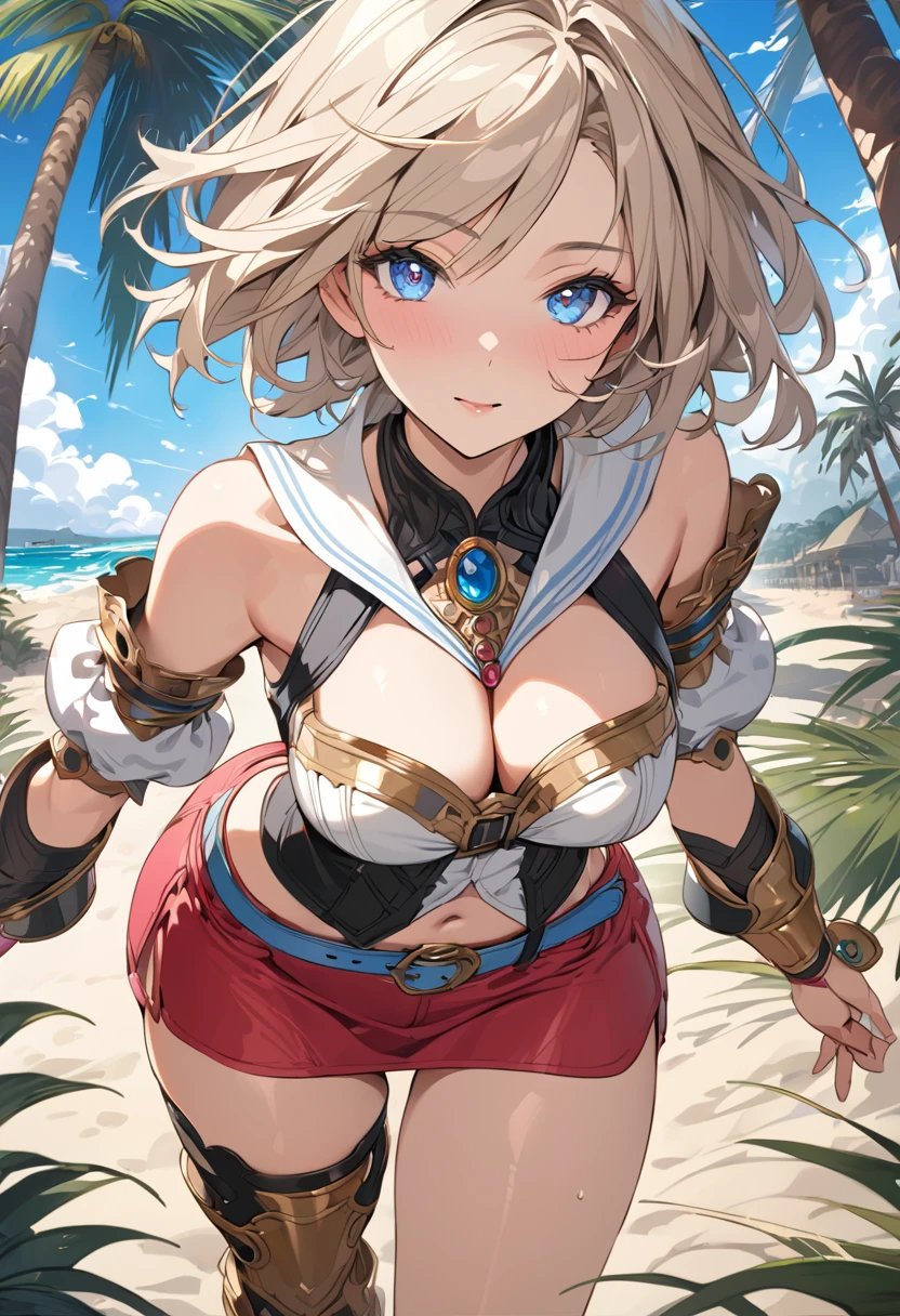 masterpiece, best quality, 8k, 4k, 1girl, ashelia final fantasy xii, Ashelia, short hair, pale blonde hair, blue eyes, white detached sailor like collar, round brooch, gold brooch with pink and blue jewel, white shirt, longer side shirt, cleavage, midriff, detached sleeves, bracer, black corset, corset under shirt, reddish pink skirt, microskirt, super tight skirt, blue belt, black high thigh with gold pattern , gold boots, slim body, looking at viewer, standing nicely, wind blowing, finely detailed eyes and detailed face, face detailed, hair detailed, clothes detailed, ((high quality)), extreme detail, beach sand, palm tree, calm water, high hills overlooking the sea, hollowed hills,  inspired by Asukaziye artist : ask, art style : ask