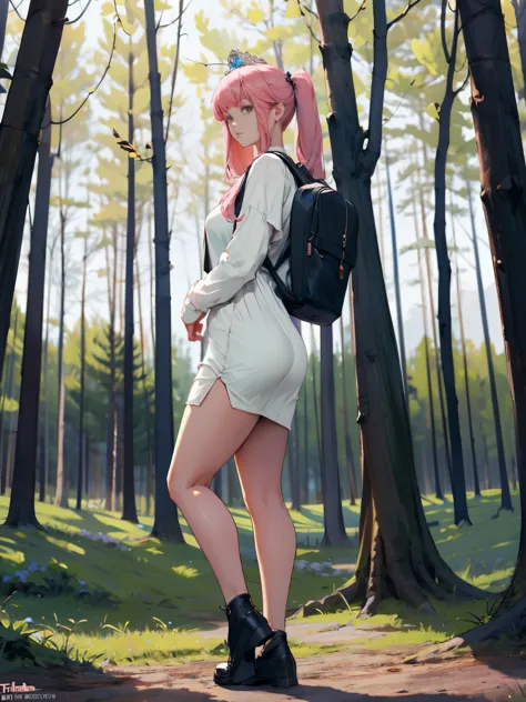 1girl, full body, from side, untucked long sleeve t-shirt dress, wearing backpack, bob hair, bangs, inside forest, sunlight, wit...