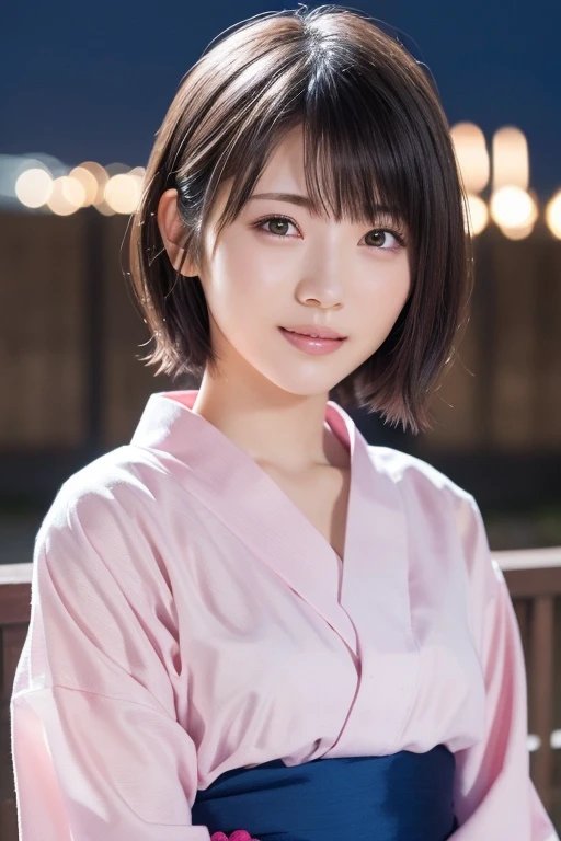 One Woman, (Beautiful woman, Delicate woman:1.3), (20-year-old:1.3), (Pink yukata, heart:1.3),（sit, relax:1.2), (night, Starry Sky:1.3),Clean look、Ample breasts、Cleavage、very detailed eyes and face, Beautiful and detailed nose, Beautiful eyes, Perfect Anatomy (Eye and facial details:1.0), short hair、bangs、A cool smile、(masterpiece, Highest quality, Super detailed, Detailed face, 8k)