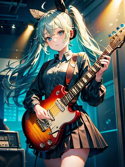 ((masterpiece, Highest quality))One girl, alone, Ultra high definition, Black Dress, blue eyes, electric guitar, guitar, Headpho...