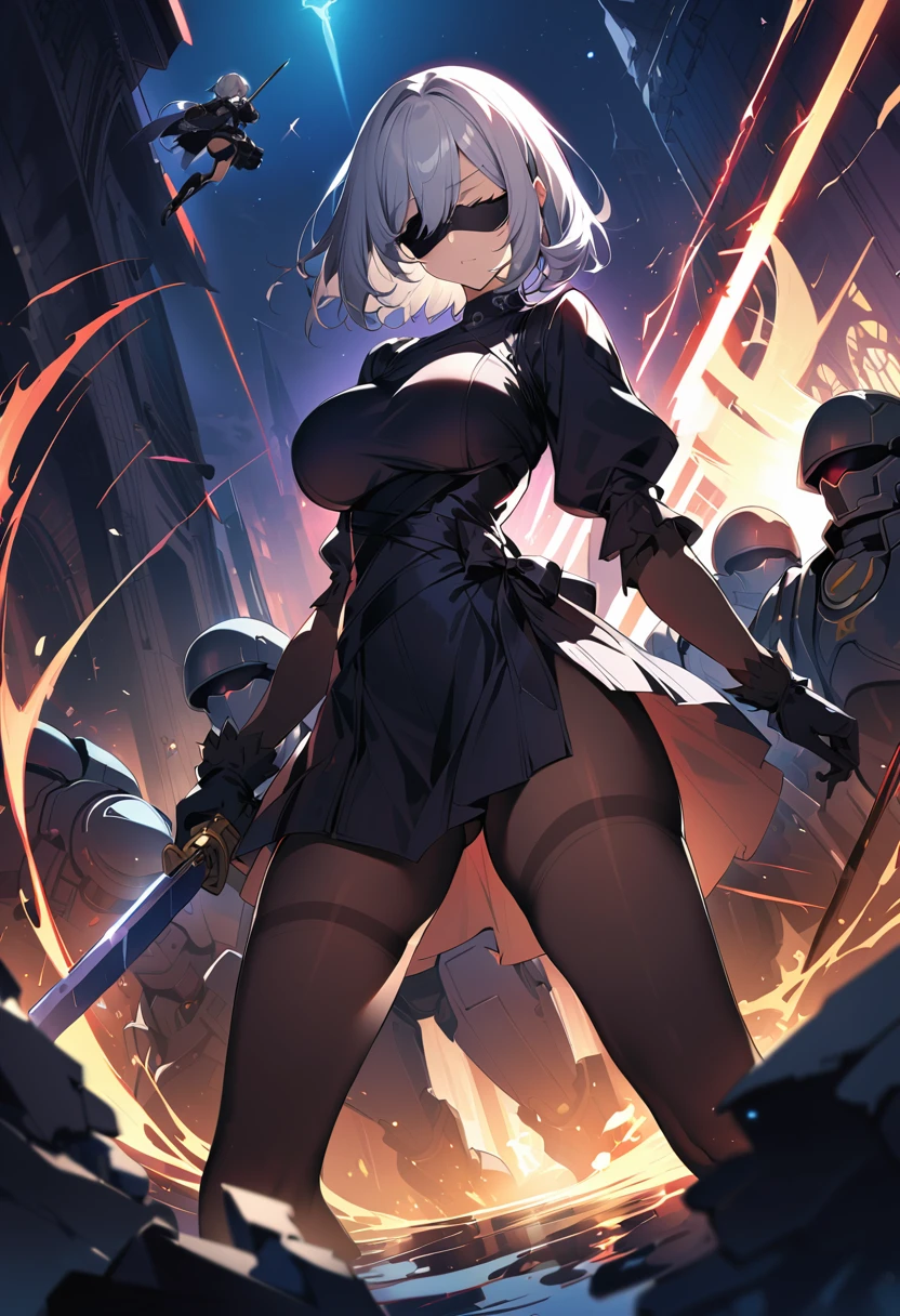 2B Nier Automata,masterpiece, 最high quality, High resolution,  Black clothes 、Black Pantyhose、Dark church at night、Wear a miniskirt、Thin legs、Big Breasts、Slim figure、high quality　CG Tone、Gray Hair、Black blindfold、Short Bob、Surrounded by mechanical soldiers、Cutting a mechanical soldier with a sword、stylish、Japanese sword、Clothes get torn、Damage、Being attacked