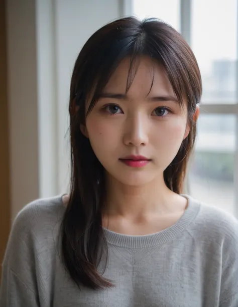 japanese woman, cute, 27yo, close-up, (natural lighting:2)
(gray sweater),
(thin curtain, dimly lit room:0.5)