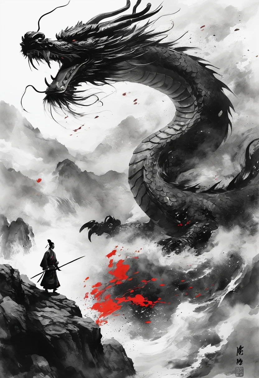 Epic Song Ink Shot，Chinese warrior in Hanfu fights a dragon，POV perspective，the first person，Traditional Chinese ink painting style，Exaggerated perspective，breathtaking moment，8K，Simple style，Style Wu Guanzhong