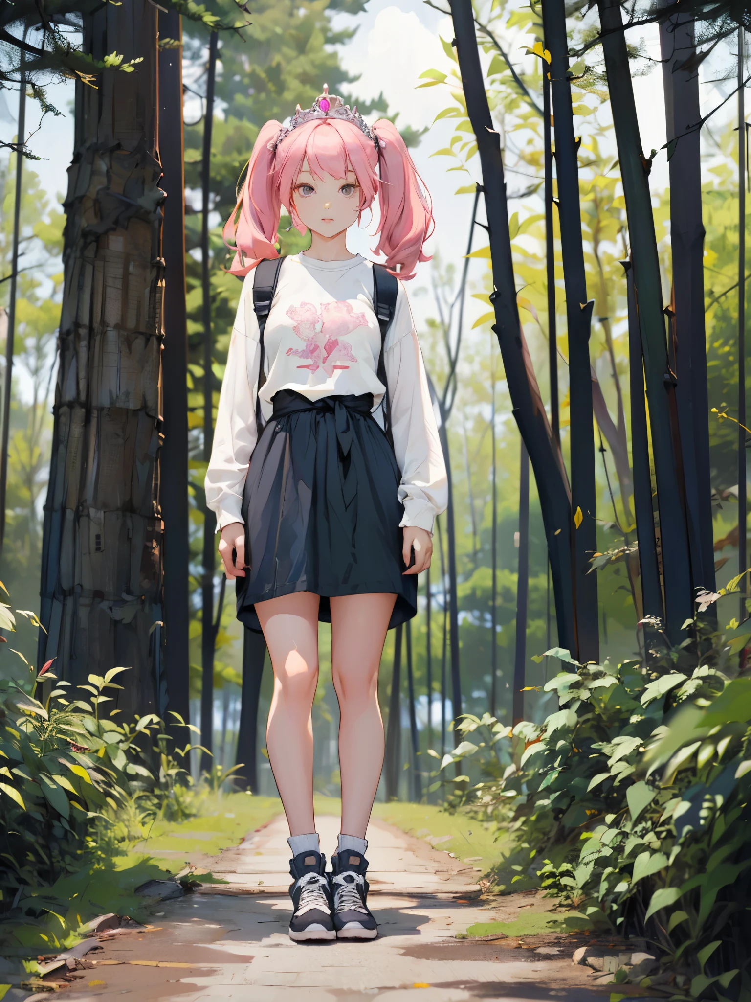 1girl, full body, from side, untucked long sleeve t-shirt dress, wearing backpack, bob hair, bangs, inside forest, sunlight, withering tree, detailed face, looking at viewer, shoes, thick thighs, legs, (standing alone), (absurdres, high resolution), (best quality art:1.2), (illustration, realistic), super details, dramatic light, white thigh high, hair ornament, tiara, pink hair, twintails, street, (10yo, cute:1.3), (breasts:1.2),