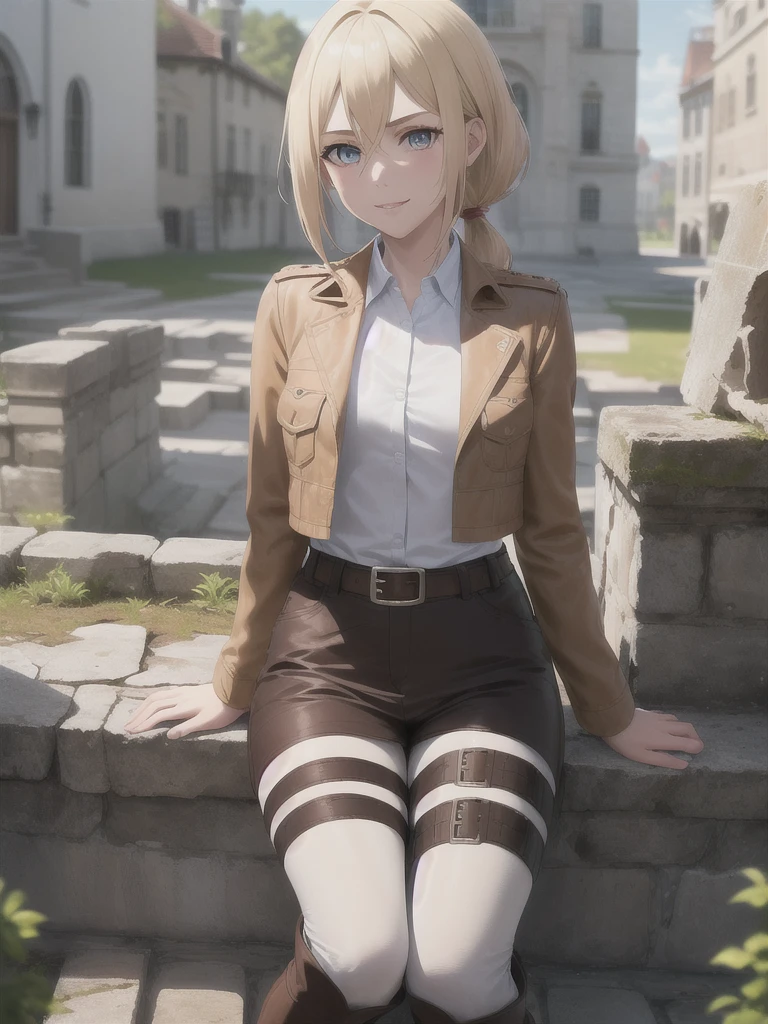 masterpiece, Highest quality, High resolution, Castle ruins, Day, sunny, Serious expression, One girl, alone, View your viewers, smile, Sit on the ground, history, Krista Lentz, Blonde, blue eyes, Hair between the eyes, short hair, ponytail, Official Art, Jacket, brown Jacket, Symbolism, belt, Thigh straps, pants, white pants, boots, shirt, white shirt, collared shirt, (Canon EOS-1D X Mark III camera for outstanding detail:1.2), (Combined with Canon EF24-70mm f/2.8L II USM Lens:1.2)