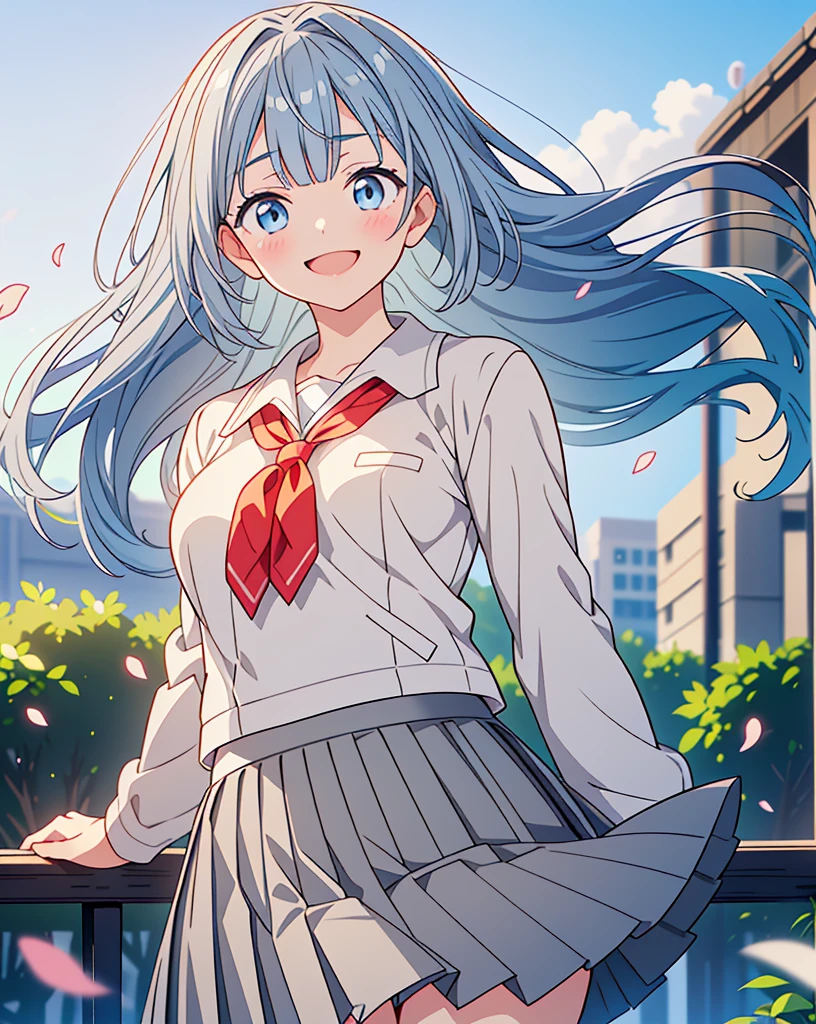 (Highest quality, 32k, High resolution, Masterpiece:1.5, ), One Girl, Cute anime-style illustrations, god々It has a brilliant and healing power., , Expressing emotions, Have a rich imagination, Cute Japanese Girls, Perfect Human Anatomy, Big light blue eyes, Motherhood and generosity, Deep Love, ((A gentle smile:1.6)), Shiny blue hair, Ponytail swaying in the wind, Asymmetrical bangs, Hair between the eyes, Transparent, soft white skin, Sharp eyebrows, Thin lashes, Natural Makeup, Cheek highlighter, Detailed and cute lips, (Grey blazer with red tie:1.2), ((Grey pleated skirt:1.2)), Slim figure with ample breasts, Beautifully detailed skies, ((Vibrant petal effect:1.2)), god秘的