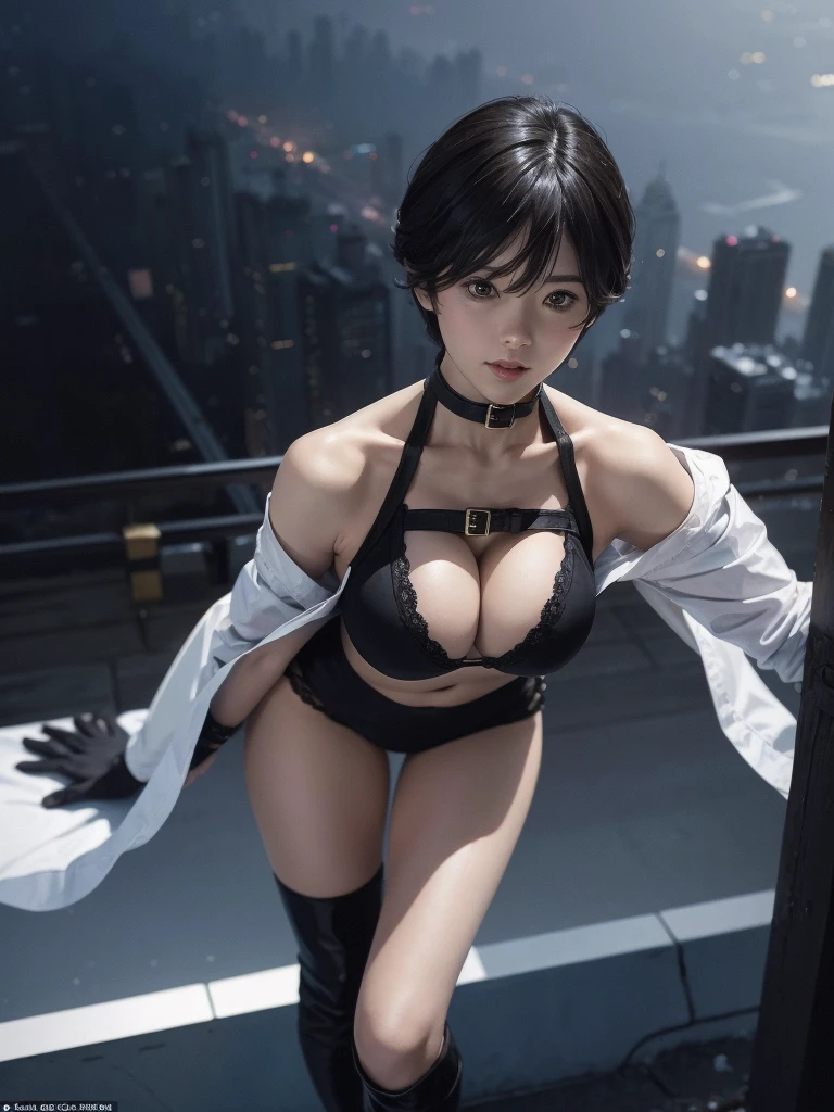 Very short hair, (masterpiece、Highest quality、Official Art), Neck up, View from the front, Looking at the audience:1.5, topless, Underless, White jacket:1.2, Black long boots, Black garter belt, (Black bondage suit:1.2), Black collar, Black choker, Glowing Skin, Realistic:1.9, Very detailed, Full Body Shot:1.2, Cleave, Belly button pussy, Expose the center of the body, High resolution, full color photos, High detail, Extremely realistic detail, Ultimate realistic texture, Ultimate in exquisite detail, Professional photos, Sexy portrait of a girl, Voluptuous bust, Tight waist, Cleavage, Trained abdominal muscles, Big Ass,Complete the whole body, Full body image, No underwear, Highest quality, ((background:city:1.4)), Suzune, Suzune's clothes