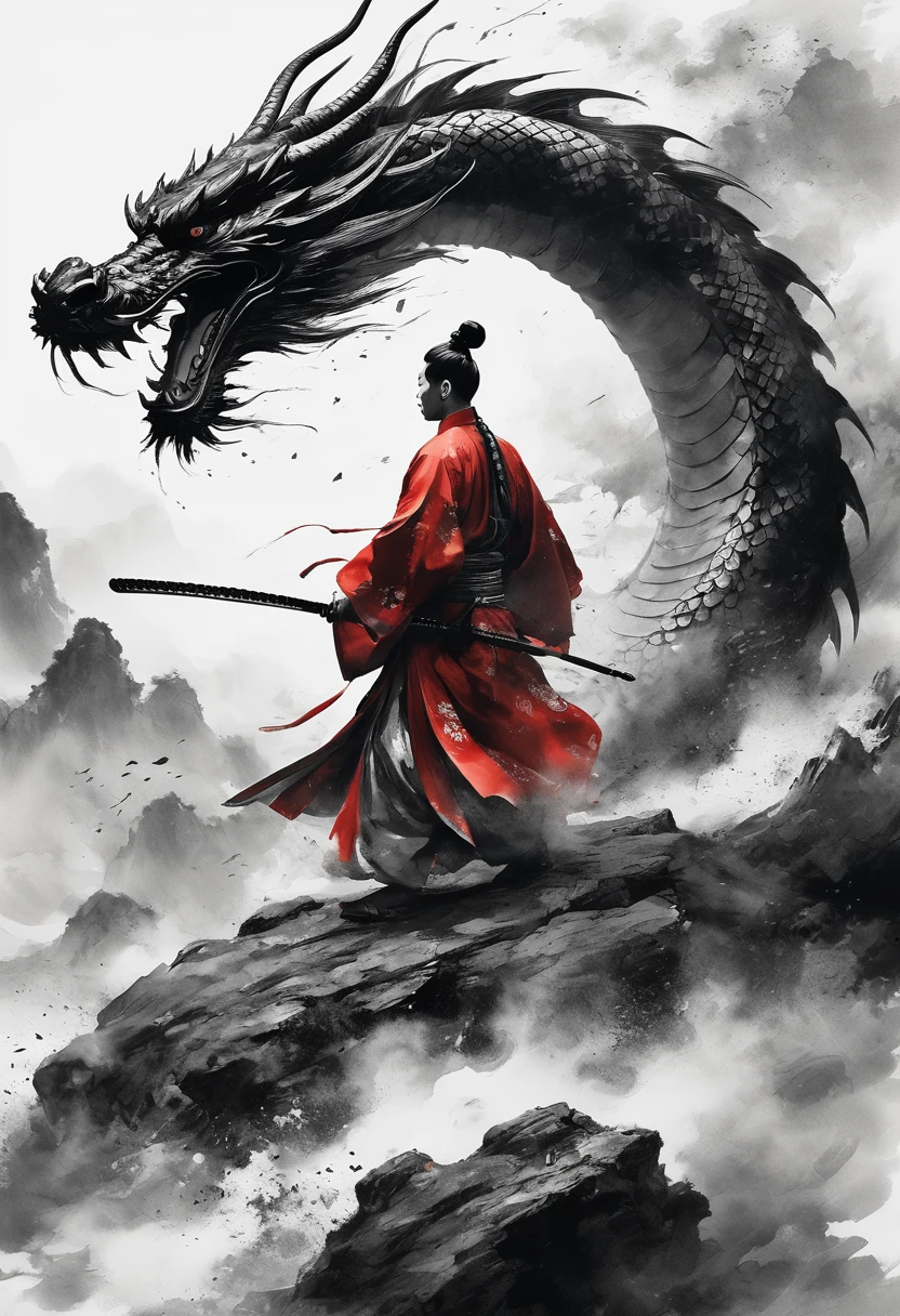 Epic Song Ink Shot，Chinese warrior in Hanfu fights a dragon，POV perspective，the first person，Traditional Chinese ink painting style，Exaggerated perspective，breathtaking moment，8K，Simple style，Style Wu Guanzhong
