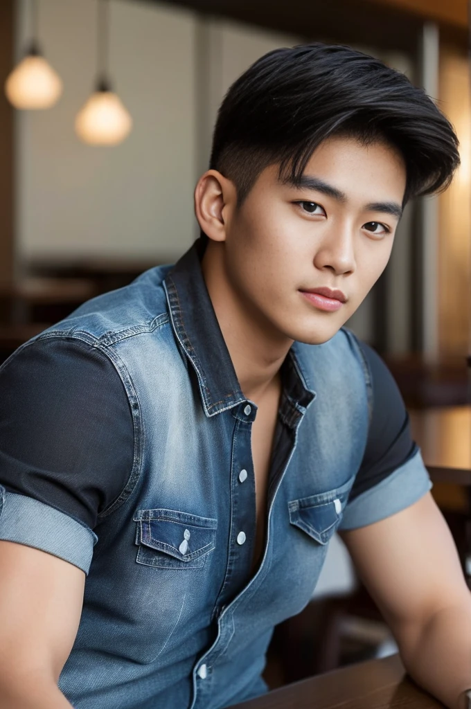 ((realistic daylight)) , Young Korean man in black sports shirt only, no pattern, denim shirt, jeans., A handsome, muscular young Asian man looks at the camera.  , in the restaurant ,turn sideways