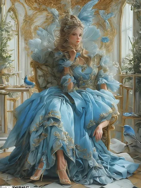 painting of a woman in a blue dress sitting on a chair, a beautiful fantasy empress, rococo queen, lovely languid princess, ((a ...