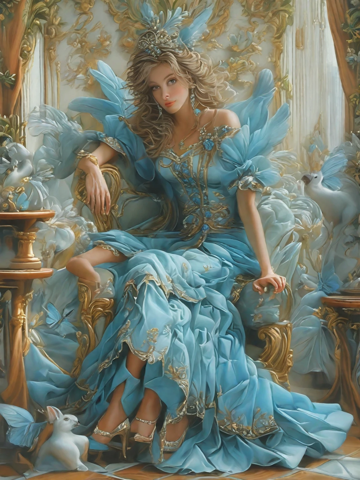 painting of a woman in a blue dress sitting on a chair, a beautiful fantasy empress, rococo queen, lovely languid princess, ((a beautiful fantasy empress)), 8k high quality detailed art, elegant digital painting, exquisite digital illustration, rococo style portrait, portrait painting of a princess, digital art of an elegant, baroque digital painting, beautiful character painting