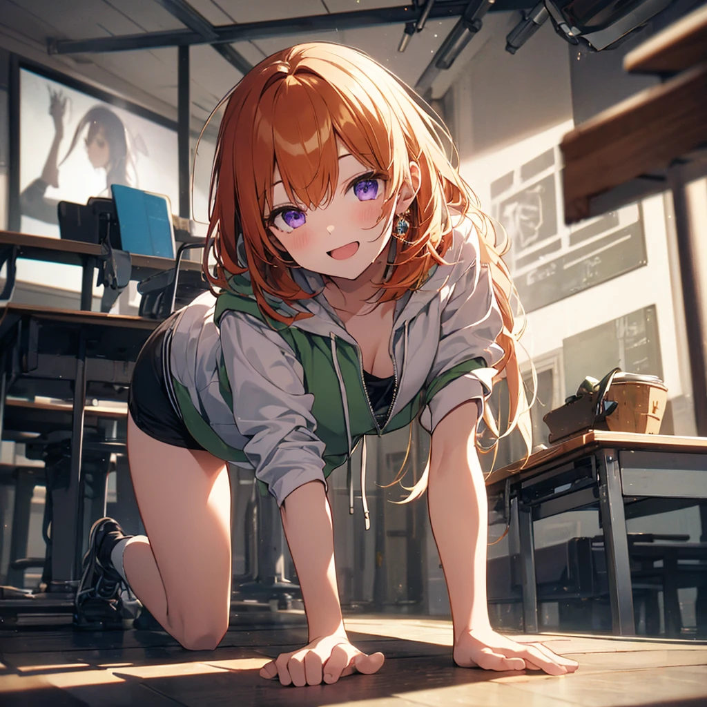 (Recall,On all fours:1.3),(Camel Toe:1.3),Highest quality,Best image quality,Perfect Anatomy,masterpiece,Ultra-detailed,beautiful,super high quality, Highest quality,High resolution, Very detailed,Game CG,Dutch Angle ,beautiful細部までこだわった目,Visual Arts,Five Fingers, Perfect hands,Hide your hands, {{{One Girl}}}, beautiful詳細な女の子, Game CG, Spring flower, One curl on the outside, Short Bob Hair, Pastel orange hair, Purple eyes,Stylish accessories solo, breast enhancement, Medium Shoot, woman, Take-out, Laughter, huge ,,Pastel green checkered mini skirt,Black knee-highs, {{{{{Wearing a pastel green hoodie}}}}},Open your mouth, Daytime Classroom, wonderful, beautiful細部までこだわった目, Highest quality, Very delicate,Masseter muscle area,Highest quality,(Official Art、Highest quality、Unity 8k wallpaper、32k、masterpiece、Ultra-detailed、超High resolution、Realistic、Photorealistic:1.2)、(Cinema Lighting:1.2)、Fire Glow Effect、The most grainy shadows on the film、Side light、Side Shot、(Ultra-detailedで複雑な3Dレンダリング)、Atelier Series,