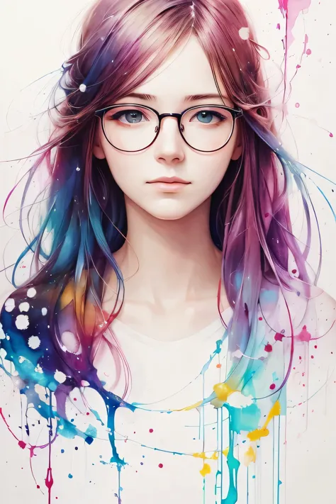 a painting by mse a woman wearing glasses by agnes cecile, design luminoso, cores pastel, gotas de tinta, luzes de outono
