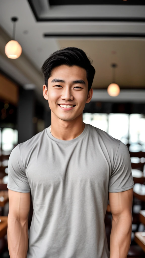 single: 1.5, (ที่TRUEแล้ว, Masterpiece, 8k HD, good light quality, sportswear, to fit the face, complicated details), A handsome Korean man with muscular arms.. , 20 years old, be happy, smile brightly, detailed face, delicate eyes, look at the sky, Wearing a tight gray t-shirt:1.6 ,Wear a denim coat.., Jeans era, black eyes, Black hair color, ผมsmooth, smooth，SurTRUE，Excellent details，Highest quality，TRUE，Open your mouth to talk.. , Close your eyes.., (Standing in a restaurant:1.5)