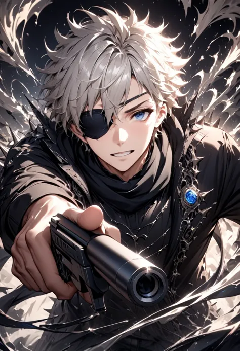 a boy wearing a black shirt wears a black eyepatch for one eye、scarf, gray hair, close-up high dynamic range of man with spiky h...