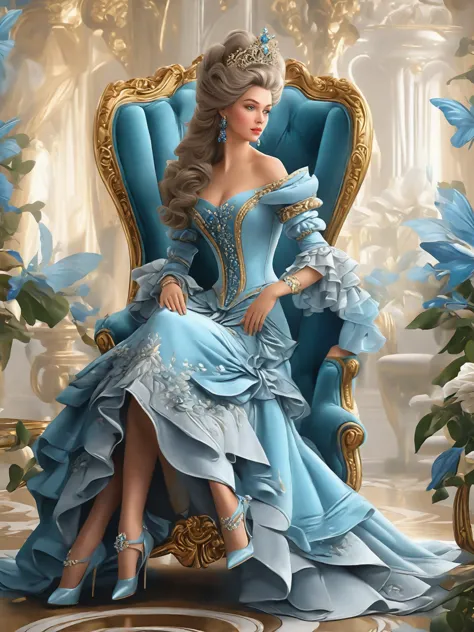 painting of a woman in a blue dress sitting on a chair, a beautiful fantasy empress, rococo queen, lovely languid princess, ((a ...