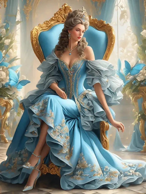 painting of a woman in a blue dress sitting on a chair, a beautiful fantasy empress, rococo queen, lovely languid princess, ((a ...