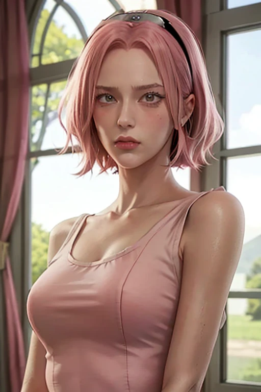 young woman, short shoulder-length pink hair, wide forehead, porcelain skin, pink eyebrows, big emerald green eyes, buttoned nose, full lips, heart-shaped face, slender body, small breasts, red tank top, Sakura Haruno , realistic, realism, details, 3d, well detailed
