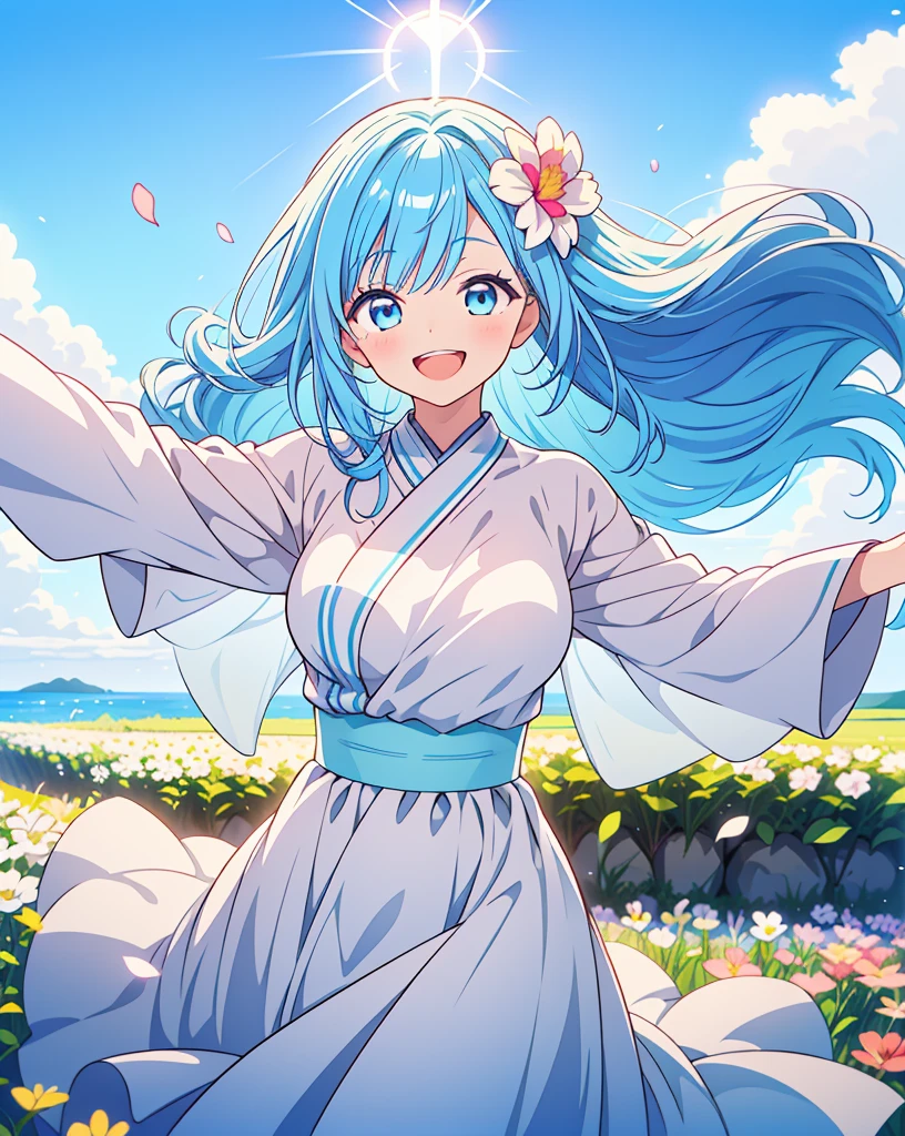 (Highest quality, 32k, High resolution, Masterpiece:1.5, ), One Girl, Cute anime-style illustrations, god々It has a brilliant and healing power., , Expressing emotions, Have a rich imagination, Cute Japanese Girls, Perfect Human Anatomy, Big light blue eyes, Motherhood and generosity, Deep Love, ((A happy smile:1.6)), ((Shiny light blue hair:1.5)), Super long straight silk hair swaying in the wind, Asymmetrical bangs, Hair between the eyes, Transparent, soft white skin, Sharp eyebrows, Thin lashes, Natural Makeup, Cheek highlighter, Detailed and cute lips, (White dress:1.2), ((A flower field that stretches to the horizon:1.2)), Slim figure with ample breasts, Beautifully detailed skies, ((Vibrant petal effect:1.2)), god秘的