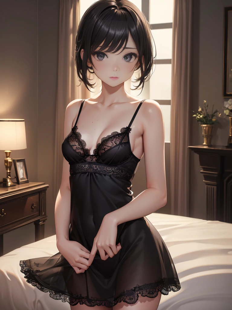 Panties, (bra:0.5),(Highly detailed CG 8k wallpaper, masterpiece, Highest quality, Super detailed), (Better lighting, Better Shadows, Very delicate and beautiful), Beautiful woman, Very sexy body, Detailed small breasts, Look straight into the camera, With a sexy look, (Black lace camisole dress:1.3),living room