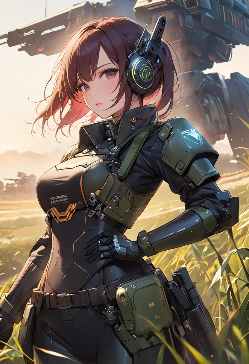 Close-up of a woman with a gun in a field, Mechanized Valkyrie Girl, Mechanized Soldier Girl, Black dieselpunk policewoman, Epic sci-fi character art, Girl wearing mecha cyber armor, Cyberpunk Anime Girl Mecha, Epic sci-fi character art, Epic sci-fi character art, Wearing sci-fi military armor