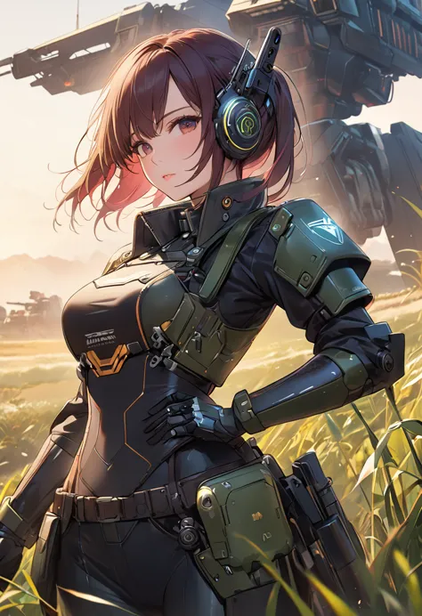 close-up of a woman with a gun in a field, mechanized valkyrie girl, mechanized soldier girl, black dieselpunk policewoman, epic...