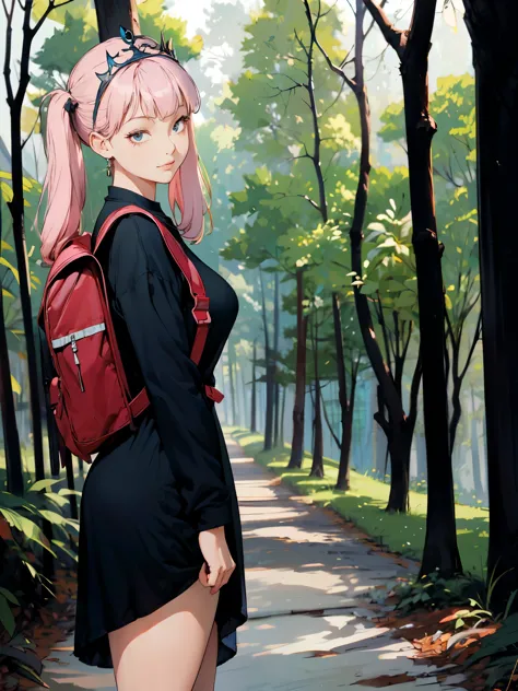 1girl, from side, medium wide shot, untucked long sleeve t-shirt dress, wearing backpack, bob hair, bangs, inside forest, sunlig...